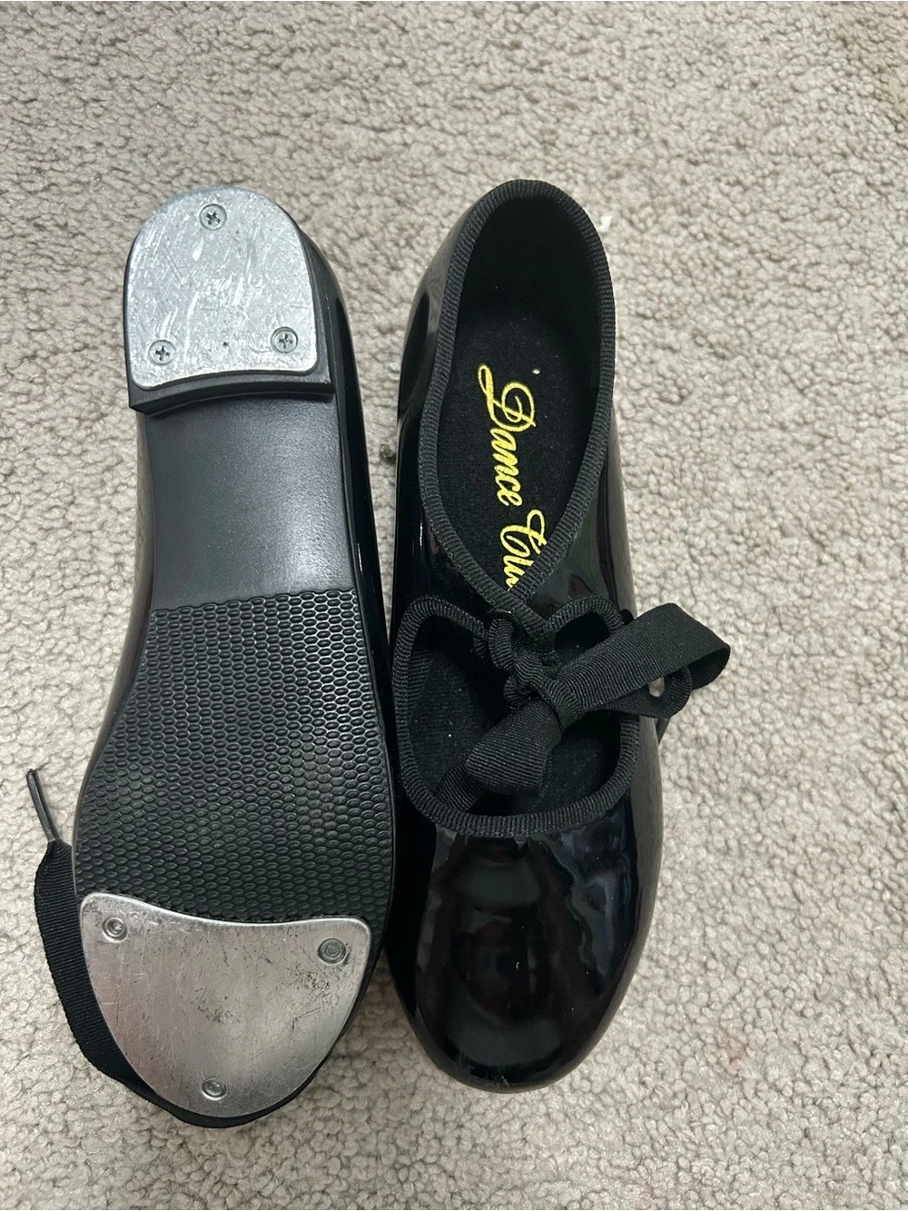 Dance Class Black Glossy Tap Shoes with Ribbon Ties